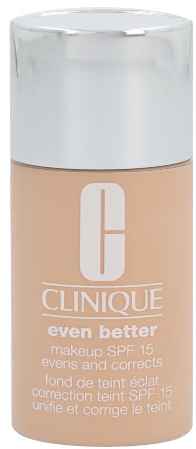 Beige Clinique-Make-up-Flasche mit SPF 15, namens "even better," steht aufrecht mit weißem Deckel.