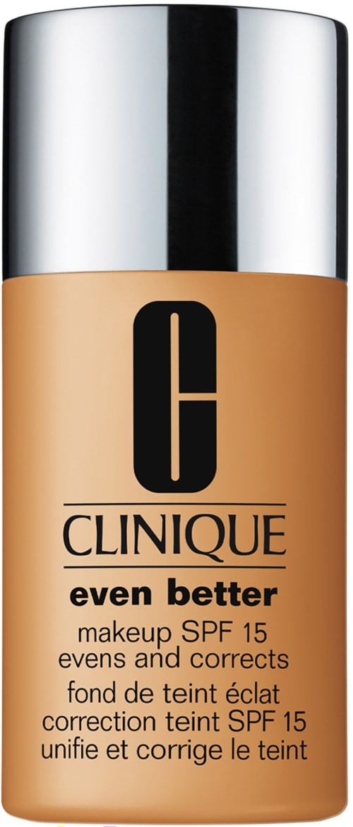 Een fles Clinique Even Better make-up met SPF 15, beige kleur, zilverachtig deksel, zwarte tekst.