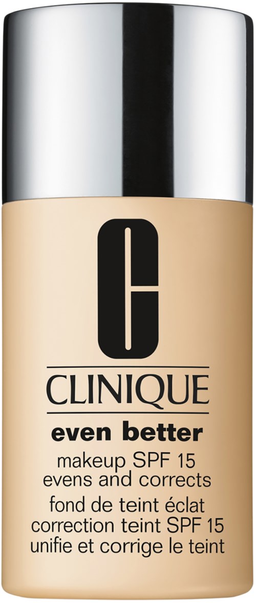 Foundation bottle with a silver cap and beige liquid inside, labeled Clinique Even Better with SPF 15.