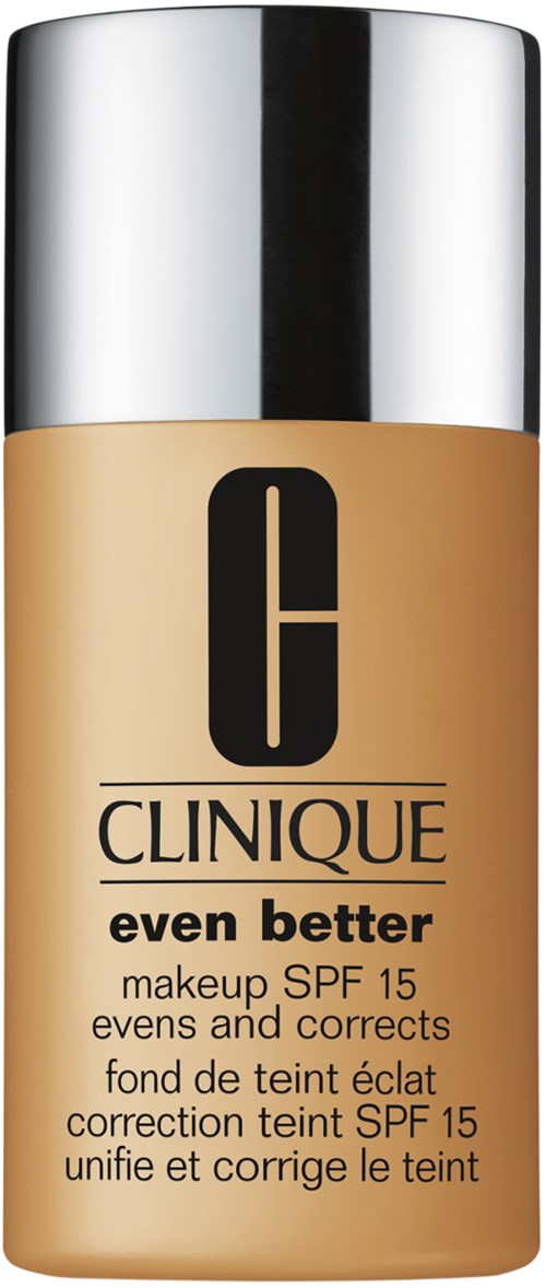 Eine beige Foundation-Flasche mit silberner Kappe, zeigt Clinique-Logo und Produktnamen, SPF 15, für abendliche Hauttönung.