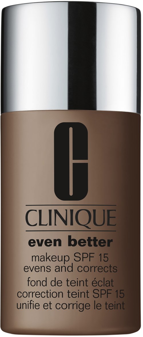 A bottle of Clinique foundation with a silver cap, labeled "even better" and SPF 15.
