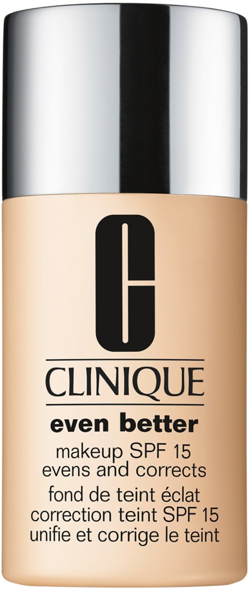 A beige foundation bottle with a silver cap, labeled 'Clinique even better' with SPF 15, for skin correction.