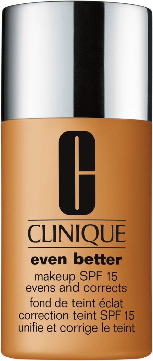 Eine Flasche Clinique Foundation mit Silberkappe, beschriftet "even better" und SPF 15, in beige.