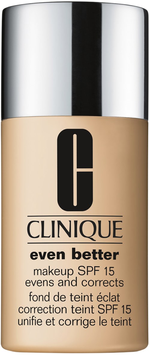 Eine Flasche Clinique-Foundation mit silberner Kappe, beige Flüssigkeit und schwarzem Text auf dem Etikett.