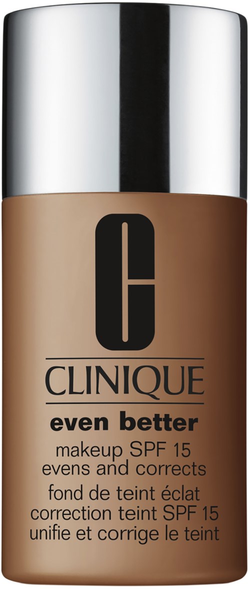 En flaska Clinique even better makeup med SPF 15. Flaskan är beige med en silverlock.