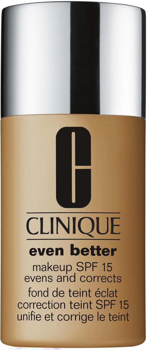 A bottle of Clinique foundation with a silver cap and beige liquid inside. The label says 'even better' with SPF 15.