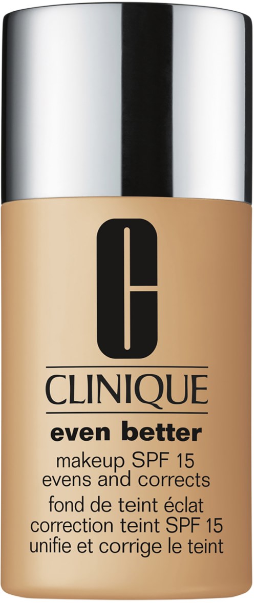 Een fondsenfles met een zilveren dop, gemarkeerd "Clinique even better" met SPF 15 voor huidverbetering.