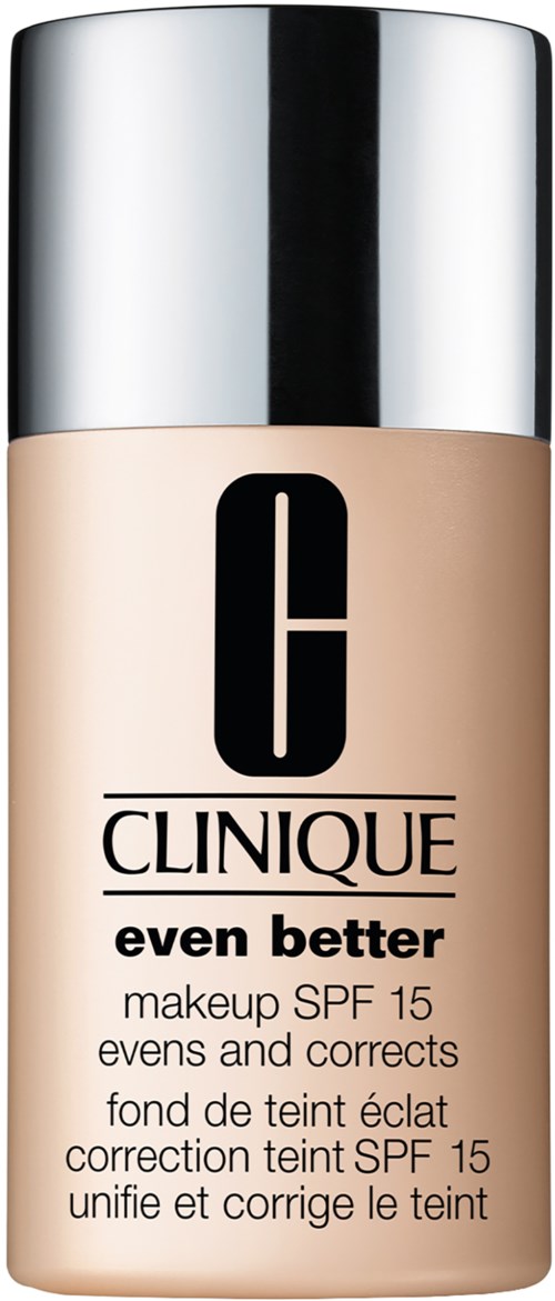 A bottle of Clinique foundation labeled 'even better' with SPF 15, a silver cap, and beige liquid inside.