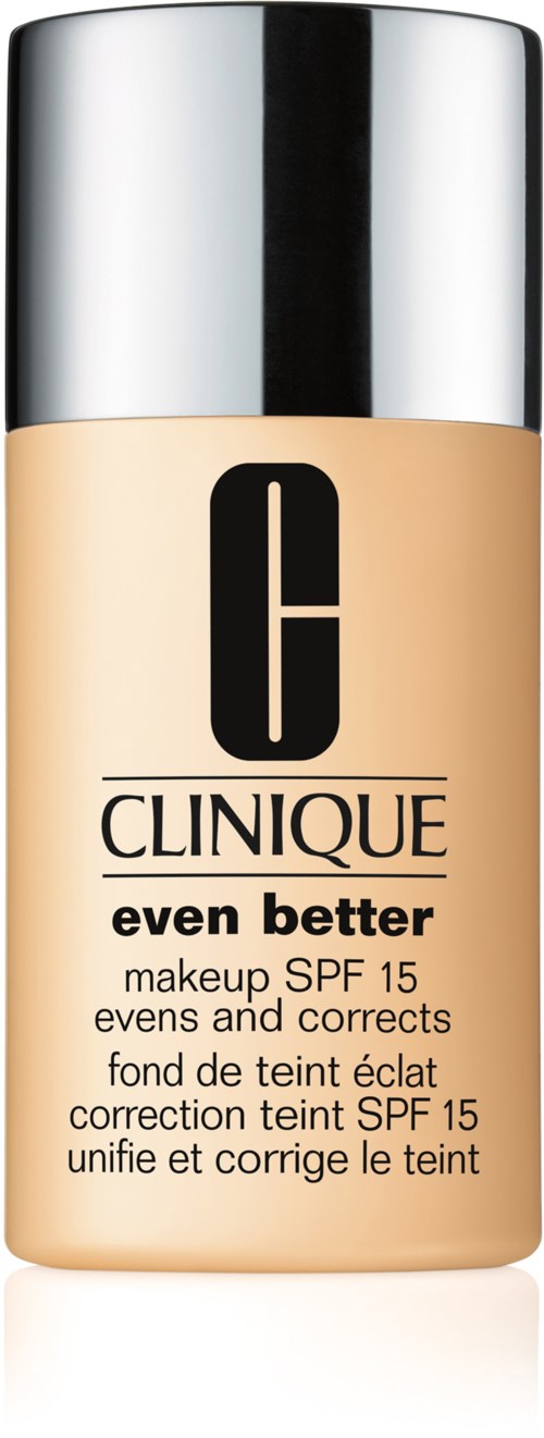 Eine Foundationsflasche mit silberner Kappe, beschriftet Clinique Even Better, SPF 15, für Hautkorrektur.