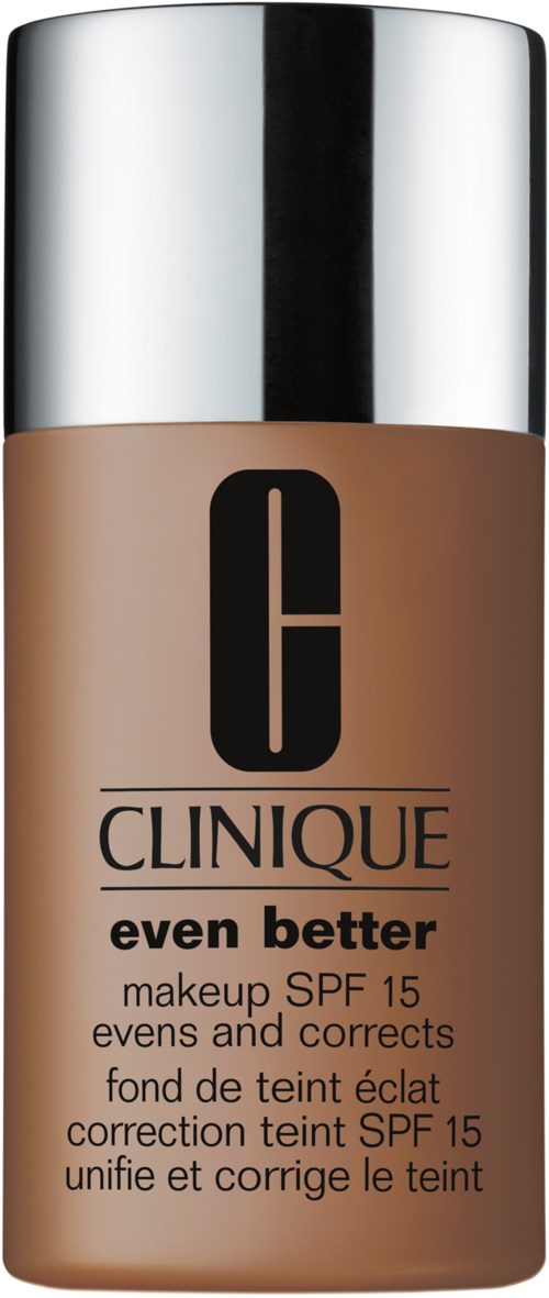 Bottle of Clinique foundation with SPF 15, labeled 'even better' for skin correction and evening out tone.