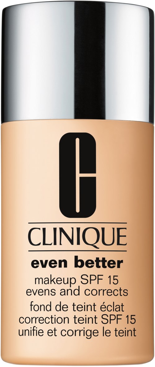 Een fles Clinique foundation met SPF 15, met label 'even better,' in beige kleur met een zilveren dop.