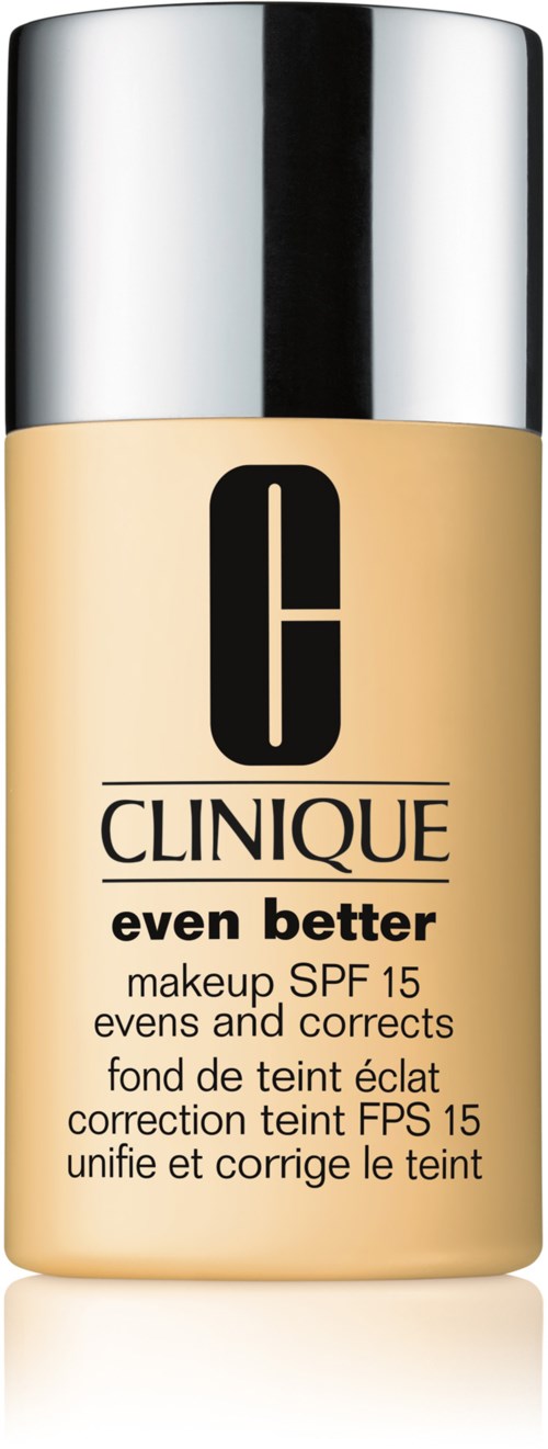 En beige foundationflaska med en silverkapsyl, märkt 'Clinique Even Better', ger SPF 15 för hudkorrigering.