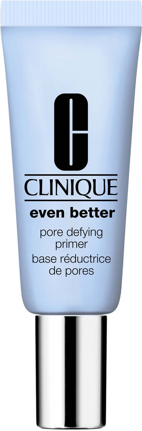 Lichtblauwe tube van Clinique Even Better pore refining primer met een zwart logo en zilveren dop.
