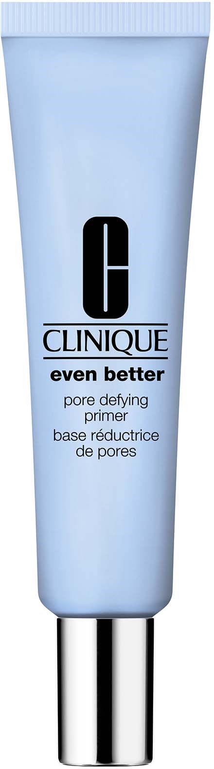 Een lichtblauwe tube met zwarte en zilveren details, gemerkt Clinique, genaamd even better pore defining primer.