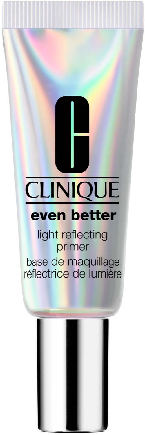 Holografische tube met Clinique-logo, gemarkeerd als lichtreflecterende primer in zilveren en pasteltinten.