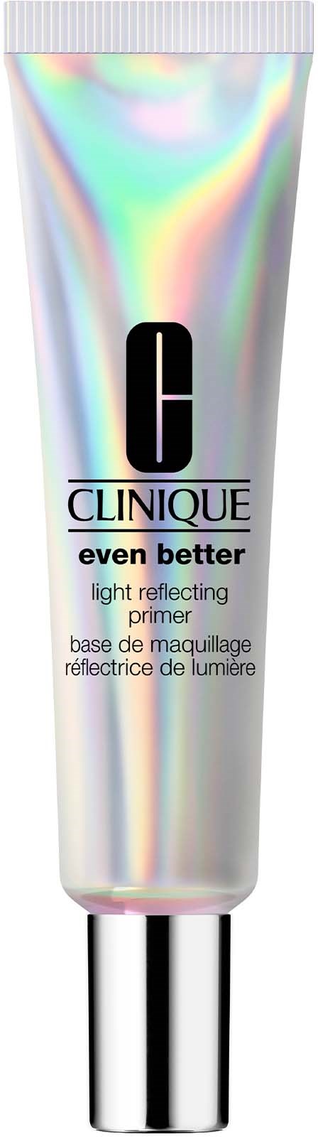 Holografische tube met Clinique Even Better Light Reflecting Primer, zwart logo en kleurrijk holografisch ontwerp.