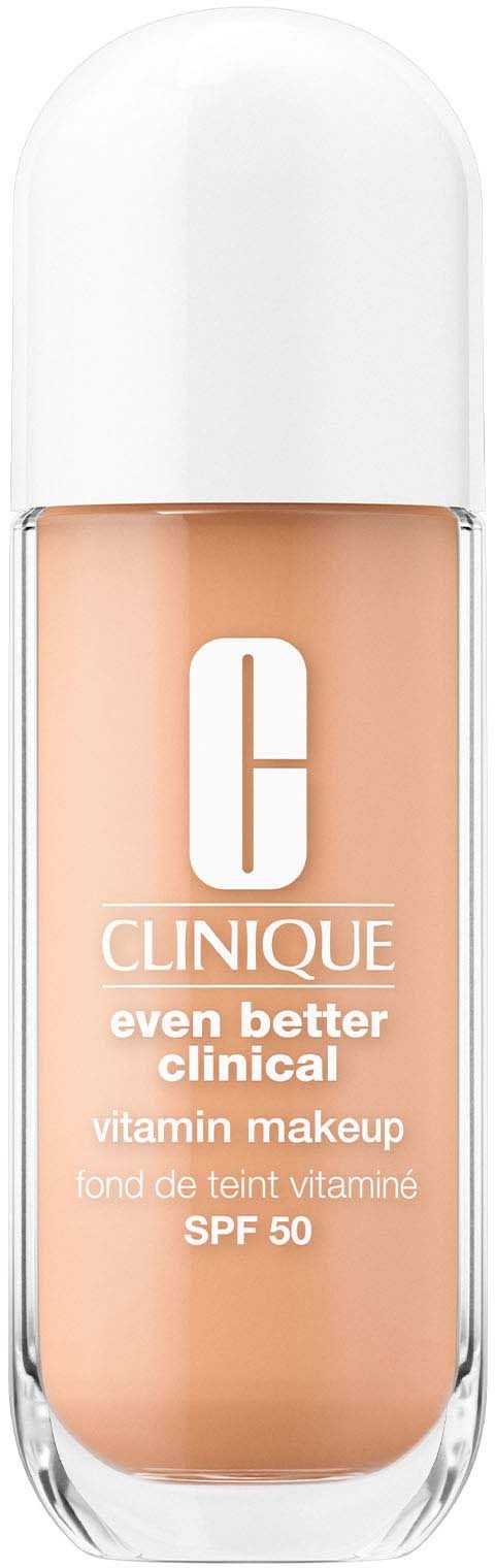 A bottle of Clinique Vitamin Makeup with SPF 50, light skin tone shade, and a white cap.