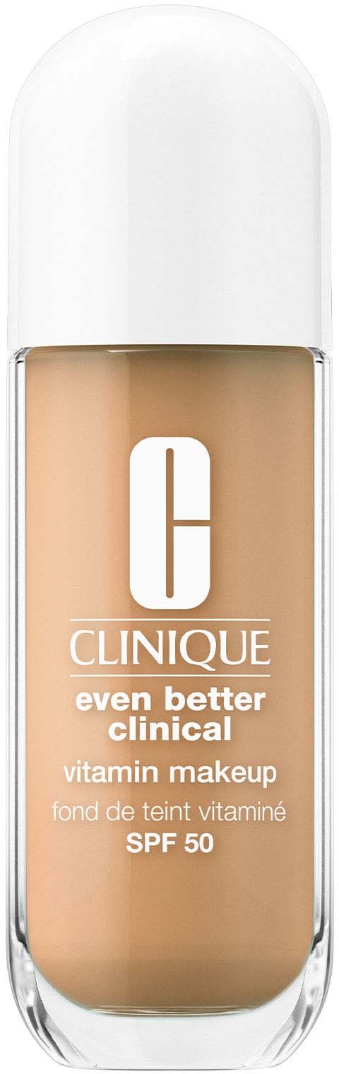 A bottle of Clinique vitamin makeup foundation with SPF 50, beige color and white cap.
