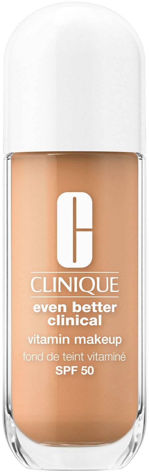 Cosmetics bottle with Clinique logo, beige foundation, and SPF 50 written on it.