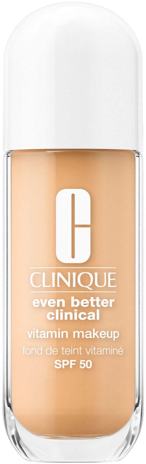A bottle of Clinique foundation with SPF 50 and vitamin makeup. The bottle is clear with a white cap and label.