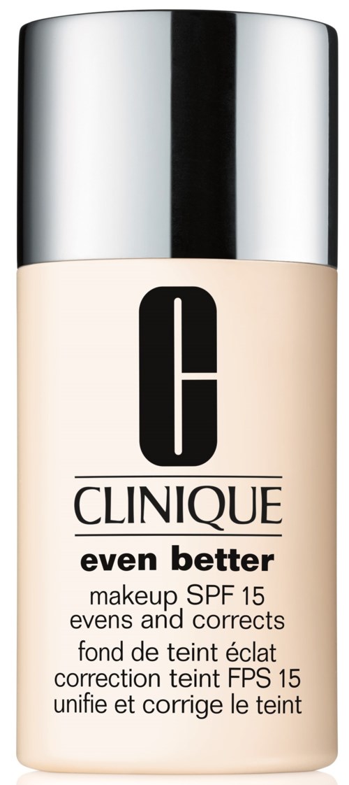 Eine Flasche Clinique Make-up Foundation mit SPF 15, gekennzeichnet "even better" für Abend- und Hauttonkorrekturen.