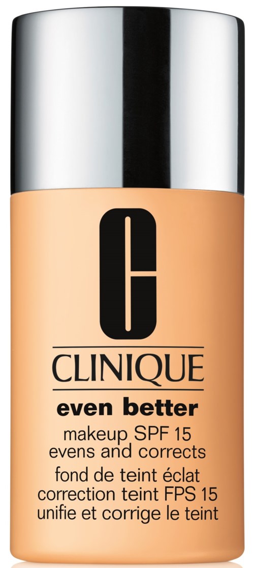 En flaska Clinique foundation med SPF 15 för kväll och rättelse. Den har en silverlock och en beige flaska.