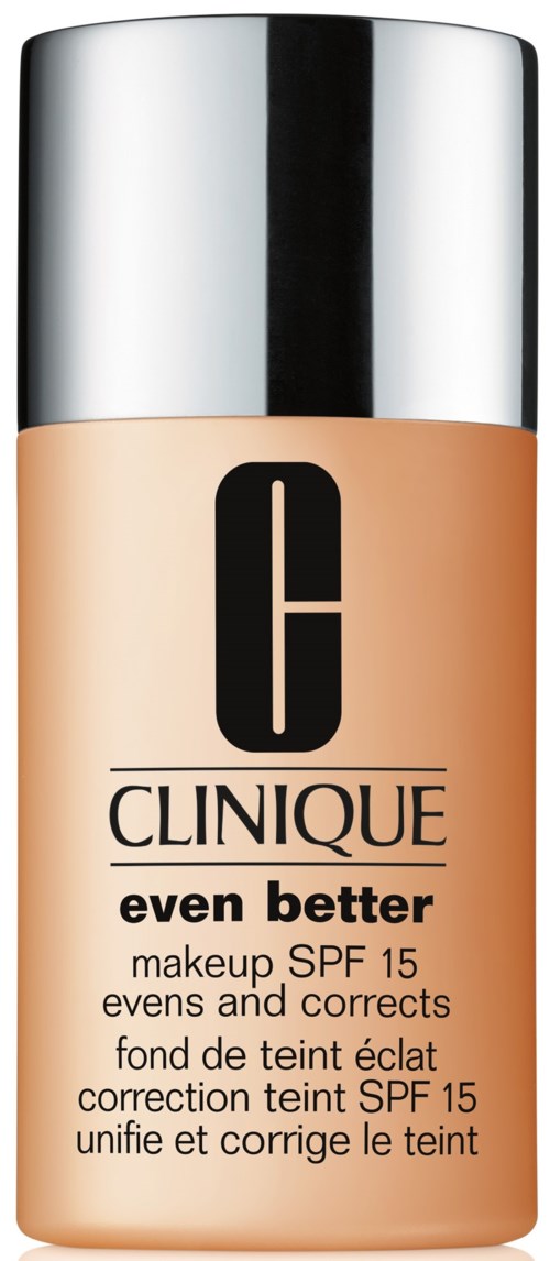 Eine Flasche Clinique Foundation mit SPF 15, mit der Aufschrift "even better," in Beige mit silberner Kappe.