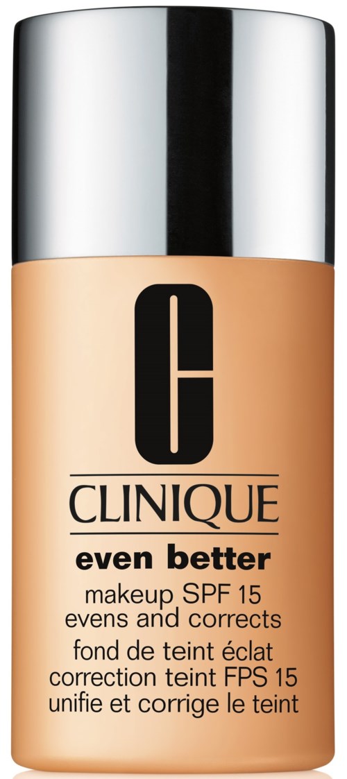 En flaska av Clinique makeup med SPF 15, märkt 'even better', i beige hudton med ett silverlock.