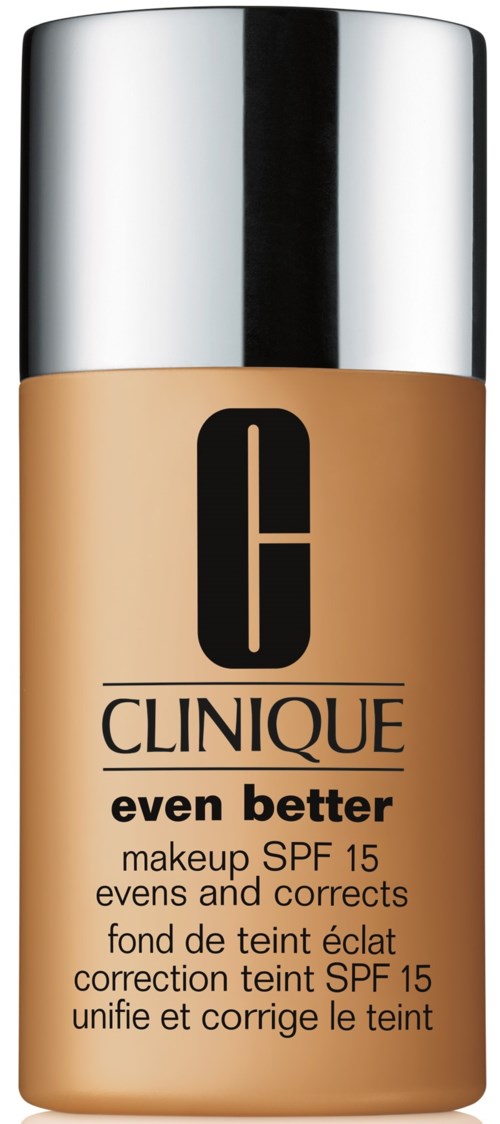 Eine Foundation-Flasche mit silberner Kappe, beige Flüssigkeit und schwarzem Text. Beschriftet mit 'Clinique even better'.