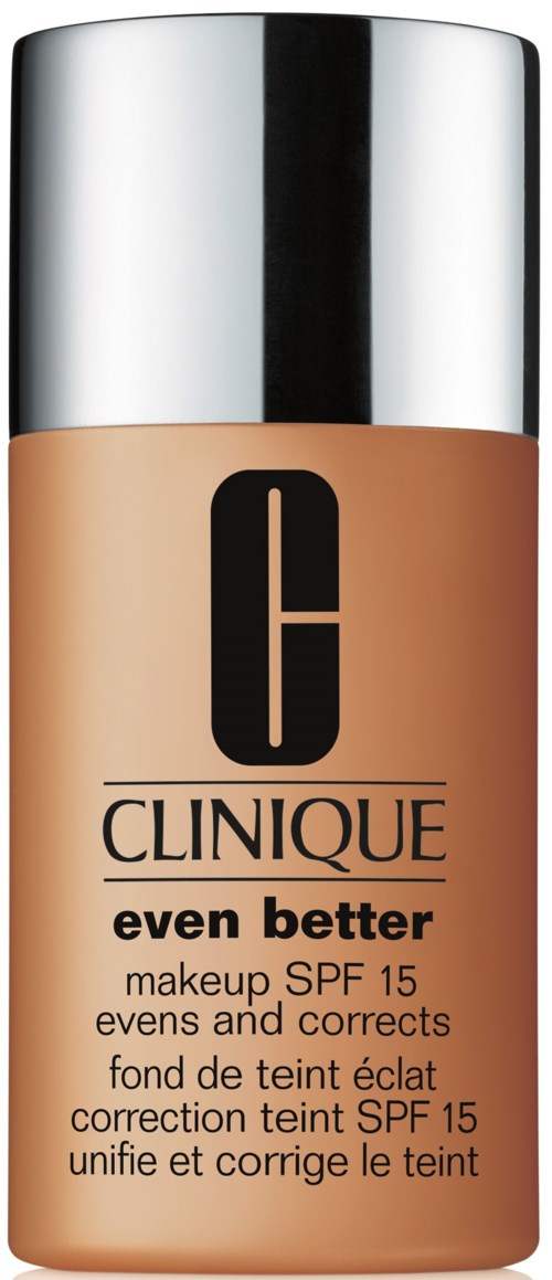 Eine Flasche Clinique Foundation mit SPF 15, gekennzeichnet 'even better,' in flüssiger beige Form mit silberner Kappe.