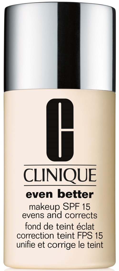 En beige flaska med metallock, märkt 'Clinique even better' med SPF 15 för makeup och hudkorrigering.