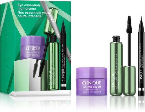 Set of Clinique eye essentials including cream, mascara, pencil, and liner in green packaging.