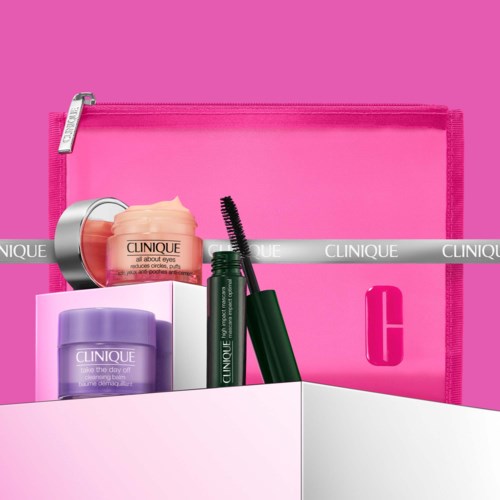 Clinique logo on a pink makeup bag with skincare and makeup products inside.