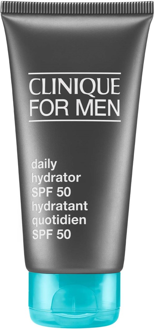 Een grijze tube met Clinique for Men dagelijkse moisturizer met SPF 50 en een turquoise dop.