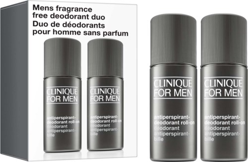 To flasker Clinique For Men antiperspirant deodorant med hvit tekst på grå emballasje, vist med eske.