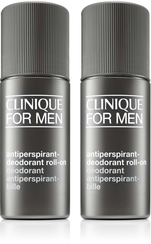 To grå flasker med Clinique for Men antiperspirant roll-on ved siden av hverandre.