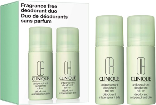 Två pack Clinique doftfria deodorantstift i ljusgrön förpackning, en mindre och en större, med text på engelska och franska.