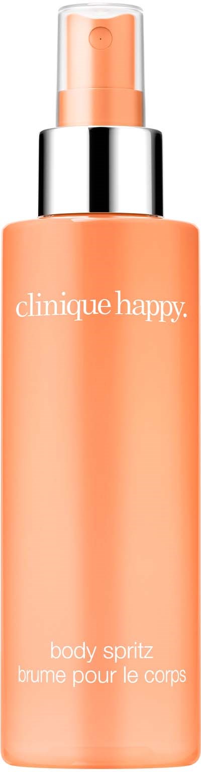 Een perzikkleurige sprayfles met een zilveren band, gelabeld 'Clinique happy' en 'body spritz'.