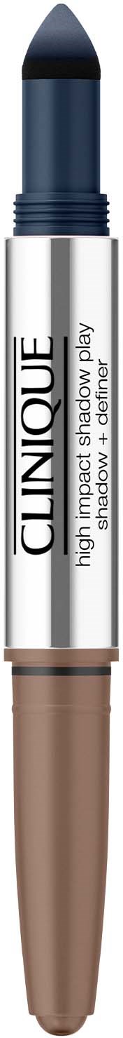 Een Clinique high-impact oogschaduw met een zwarte punt en een bruine basis. Productnaam op de zilveren houder.