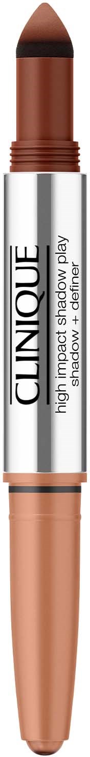 Een Clinique high impact shadow play-stift met bruin kleur, wit label en metallic gouden punt.