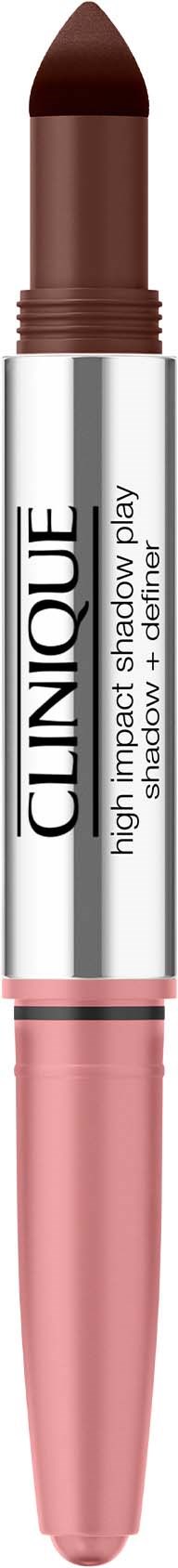 Een lipstick met een zilveren en roze hoes, gemerkt Clinique, in een bruin tint.