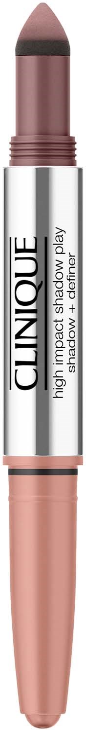 Ein Clinique High Impact Shadow Plump-Stift, rosa-braune Farbe, in einer silbernen und beigen Hülse.