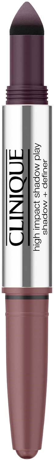Een Clinique High Impact Shadow Play-stift in donkerpaars, met een witte body en paarse dop.