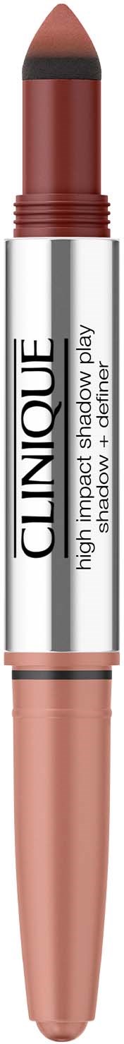 Een Clinique-lippenstift met een bruine tint, slank zilveren en roze behuizing, en zwarte punt. Het is een high-impact schaduw en lippenstift.