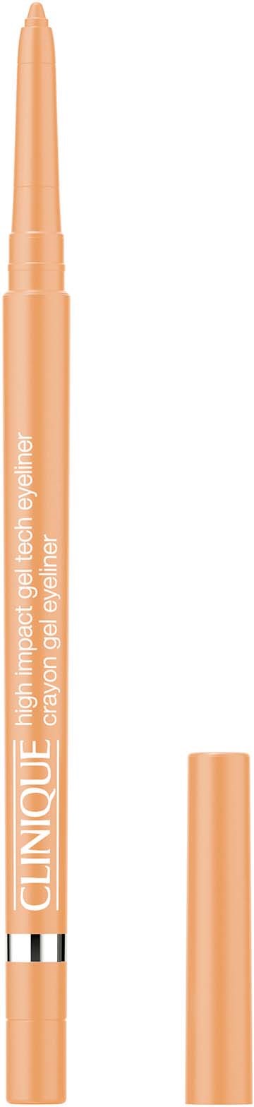 Een perzikkleurige pen met dop, gelabeld Clinique voor ooggelserum, staat rechtop met dop ernaast.