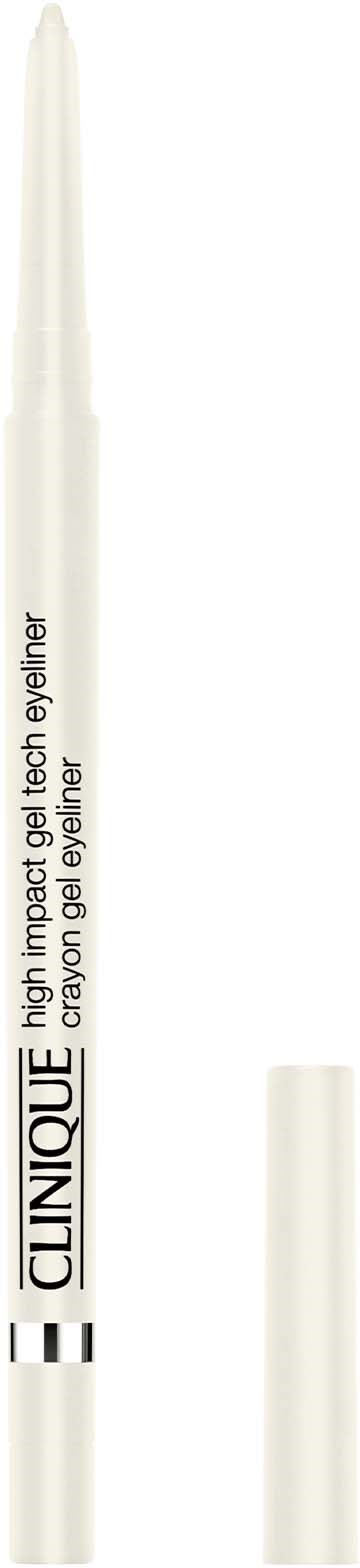 Een witte pen met zwarte tekst zegt dat hij voor high impact en gel eyeliner is, met dop.