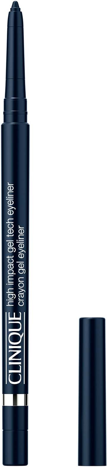 Een blauw oogpotlood met CG-logo en witte tekst, met dop verwijderd die punt toont.