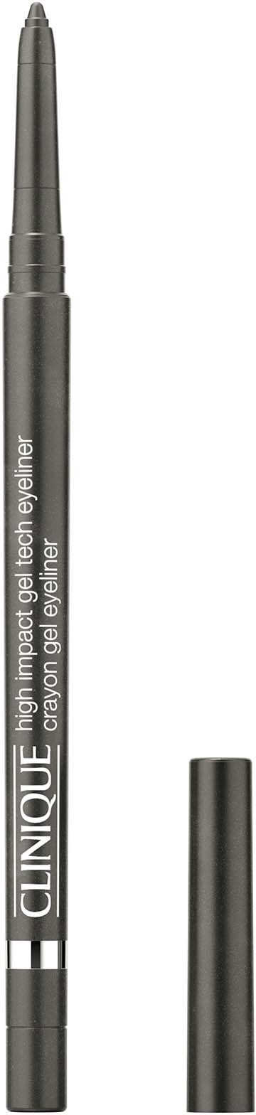Een zwarte Clinique gel-eyelinerpen met de kap eraf, waarop de punt te zien is. De pen heeft witte tekst.