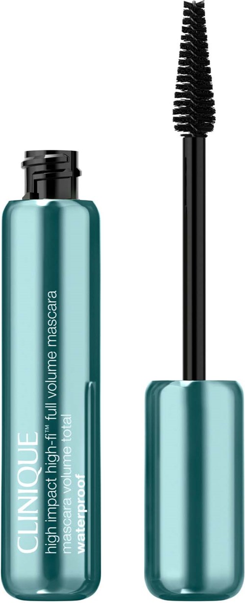 En tealfärgad flaska med Clinique mascara och borsten bredvid, som visar borsten och tuben.
