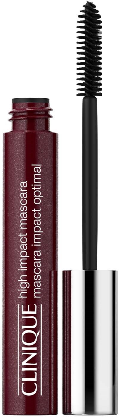 En röd tub med Clinique mascara och en böjd borste ovanför, märkt 'high impact mascara'.